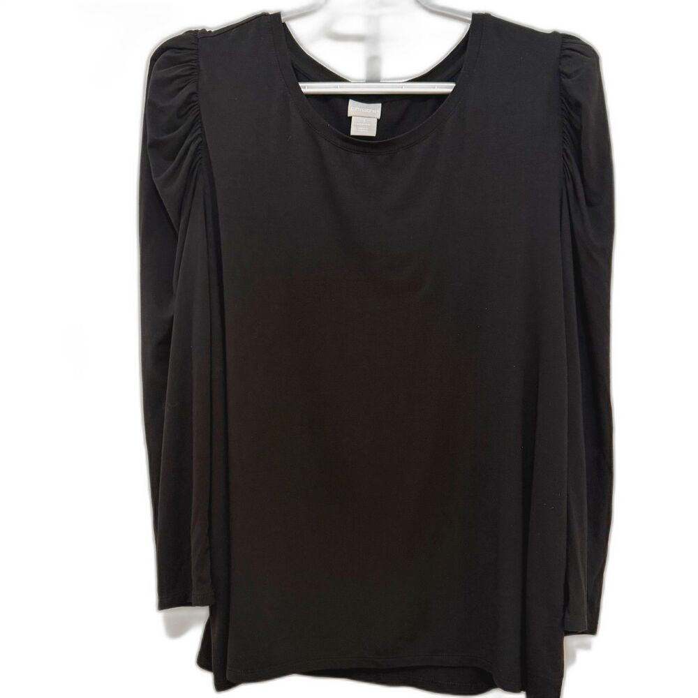 Chico’s Black Puff Sleeve Blouse Size XL Stretch Knit Top Travel Comfortable